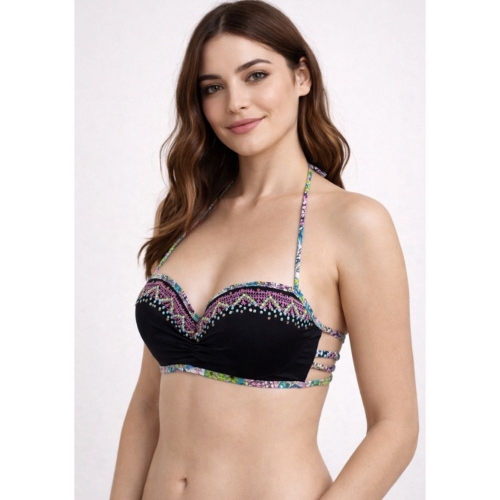Victoria's Secret The Getaway Halter Bikini Top Black Beaded Strappy Size 32C